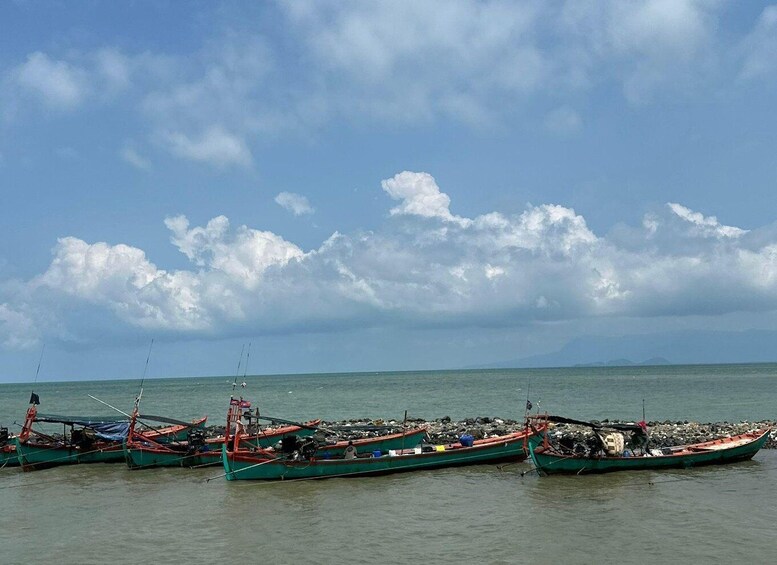 A row of traditional boats docked at a harbor with a cloudy sky. 5