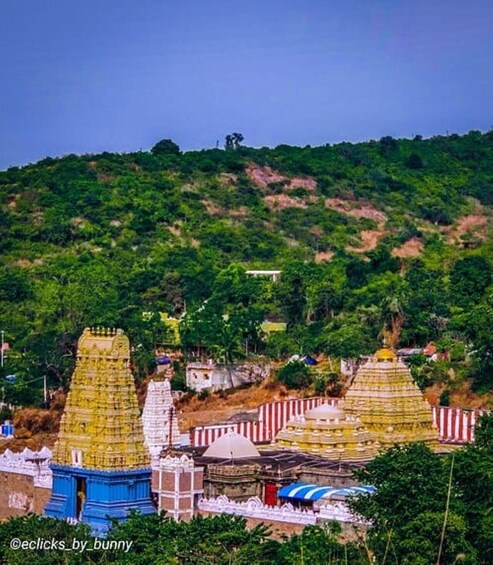 A temple complex with multiple shrines, surrounded by lush greenery and hills. 3