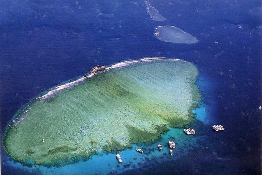 An aerial view of a coral reef with clear blue water and a greenish sandbar. 3