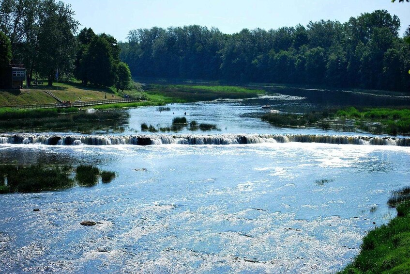 A river with a small waterfall, surrounded by greenery and trees. 3