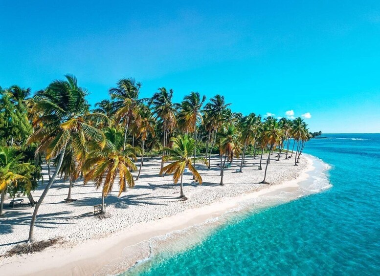A beach with white sand and clear turquoise water. 1