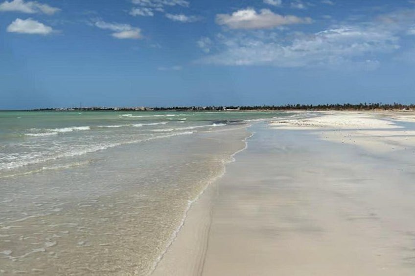 A beach with clear water, a sandy shore, and a distant shoreline with vegetation. 2