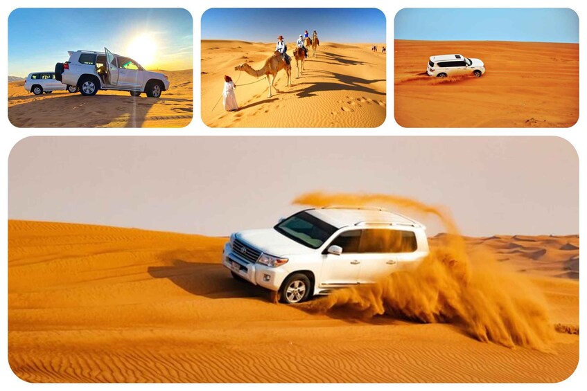 A desert landscape with a white SUV driving through sand dunes. 4
