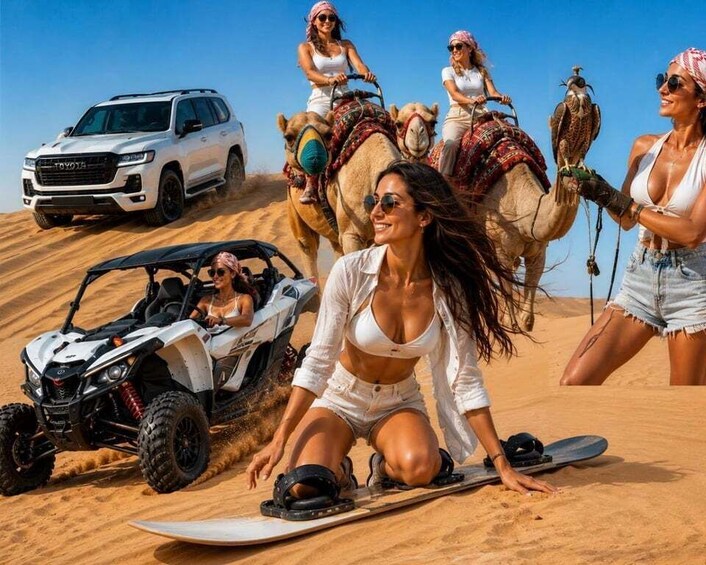 A desert landscape with a white SUV, a camel, and a person on a dune buggy. 2