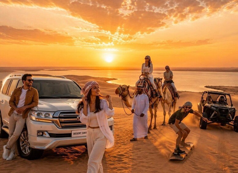 A desert landscape with a sunset, a white SUV, camels, and a dune buggy. 1