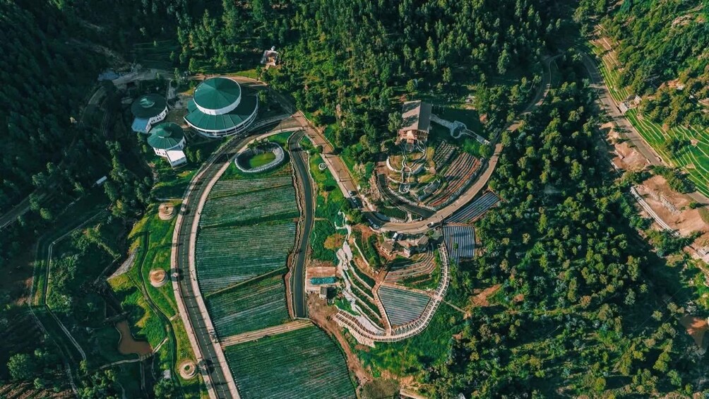 An aerial view of a green landscape with terraced fields, a circular building, and a winding road. 5