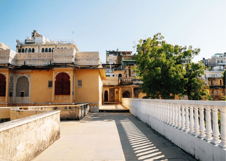 A traditional building with ornate architecture, a white balustrade, and a tree in the background. 5