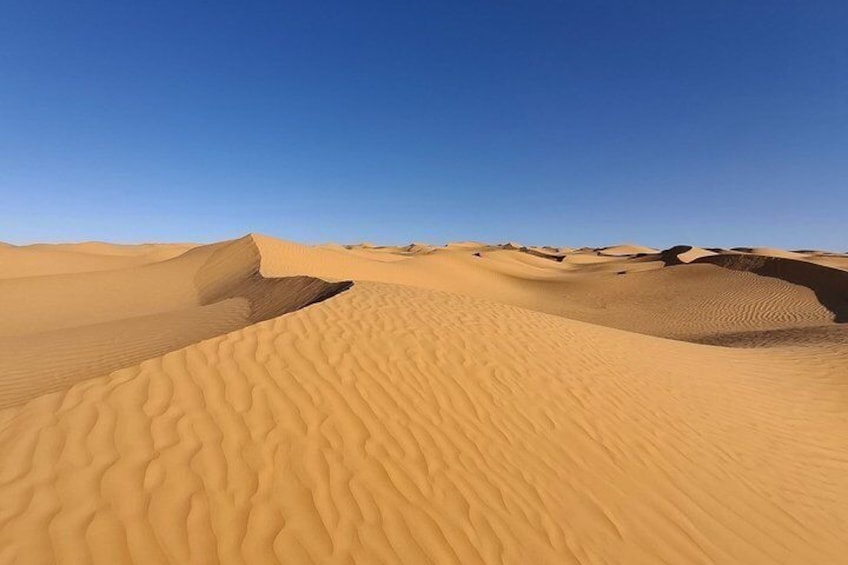 Eine weite Wüstenlandschaft mit wellenförmigen Sanddünen unter blauem Himmel. 4