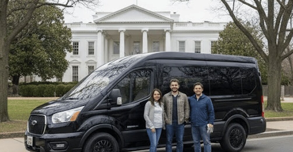 A black van parked in front of the White House with three people standing beside it. 5
