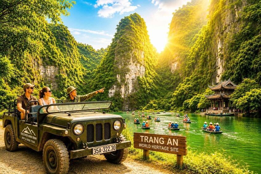A jeep tour vehicle, a sign reading 'TRANG AN WORLD HERITAGE SITE,' and a river with boats. 3