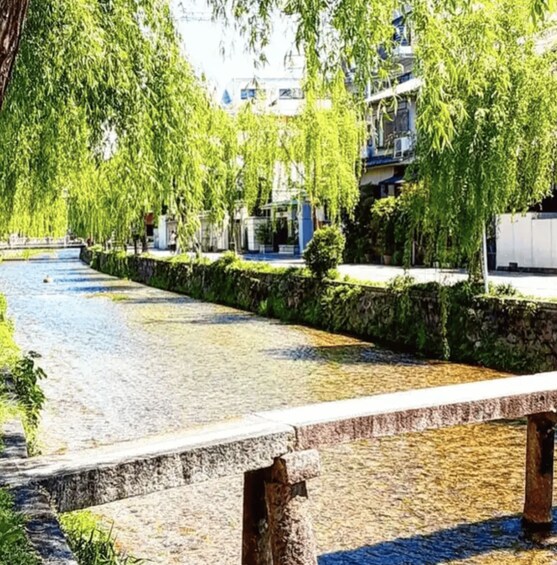 A canal with a stone bench, trees, and buildings in the background. 2