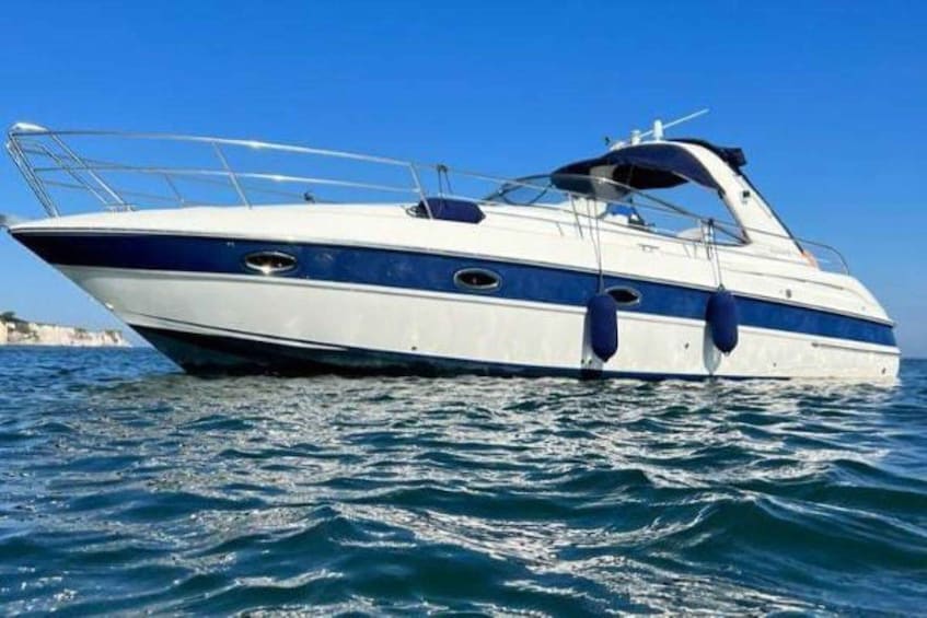 A white and blue motorboat on calm water. 4