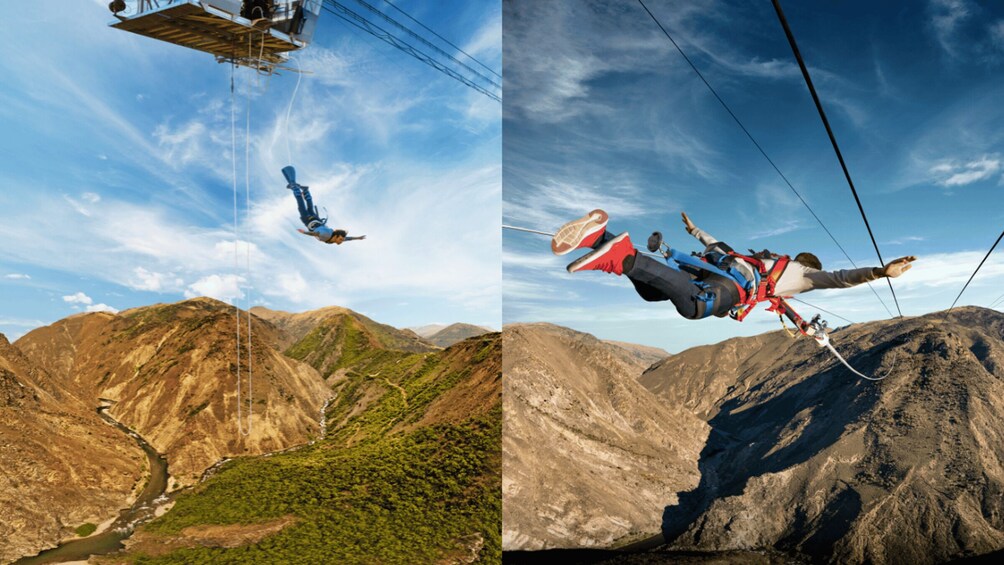 A person bungee jumping from a cable car over a mountainous landscape. 1