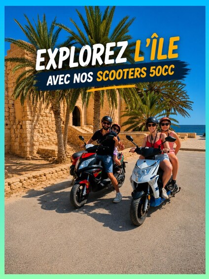 Three people on scooters in front of a historic stone building with palm trees. 1
