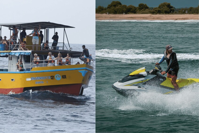 A boat with people wearing life jackets and a jet ski with a rider. 2