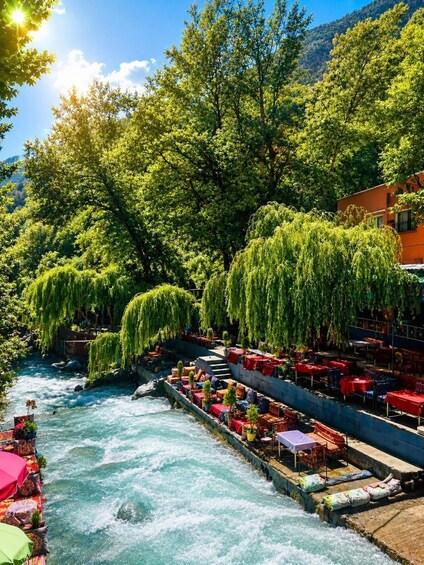 A river with a restaurant terrace overlooking it, surrounded by lush greenery and trees. 4