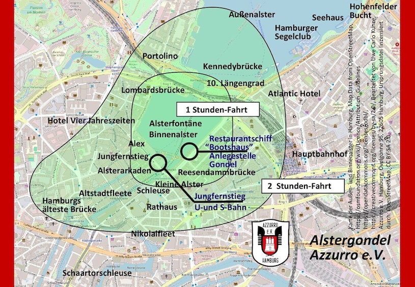 A map of Alstergondel with marked walking routes and surrounding landmarks. 2