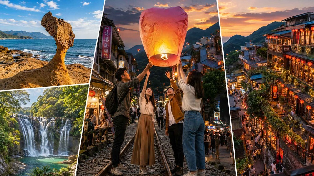 A coastal rock formation, a waterfall, a person releasing a lantern, and a bustling street at night. 1