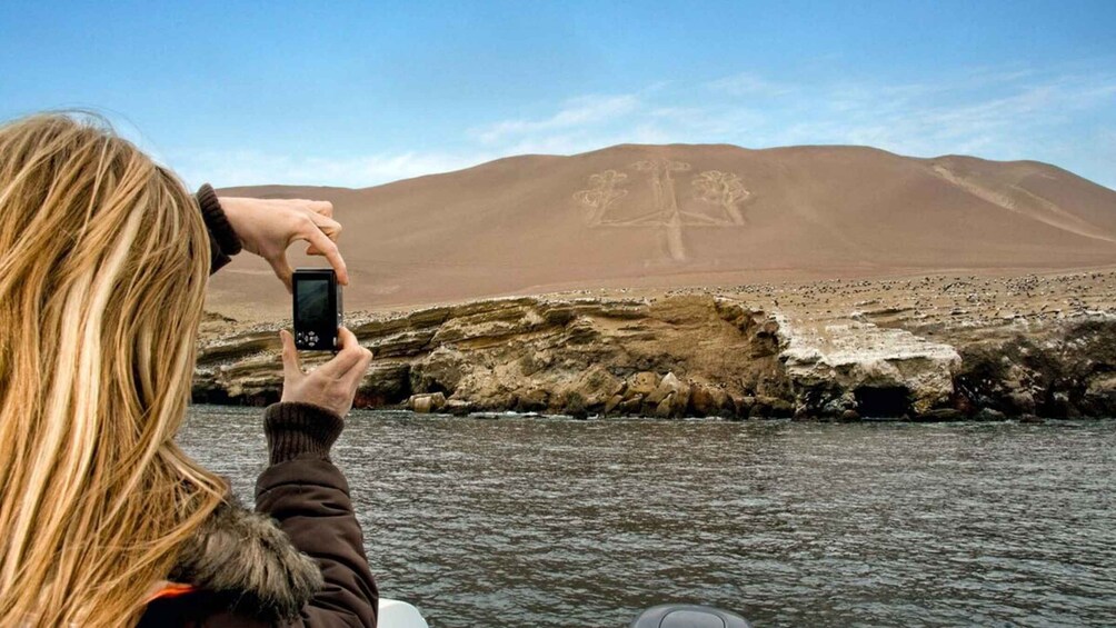 Eine Person fotografiert eine Felsformation, im Hintergrund ist eine Baumskulptur zu sehen. 2