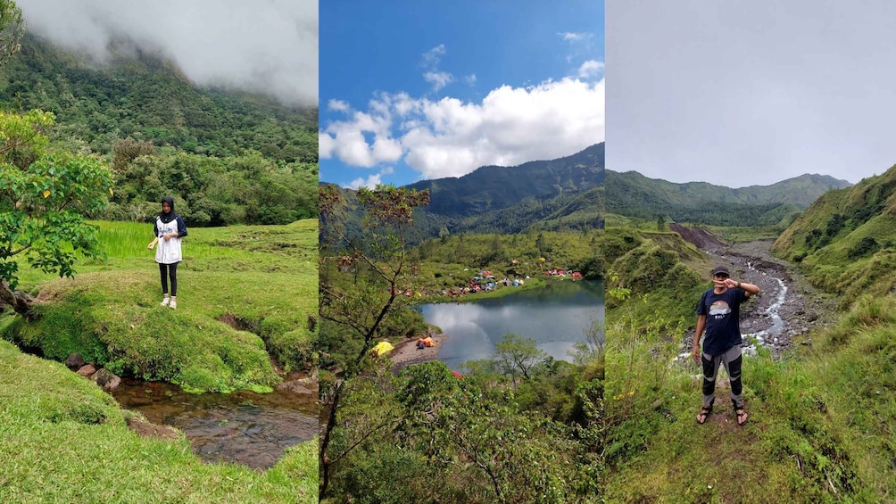 A person standing on a grassy hill with a stream, a campsite with tents by a lake, and a river flowing through a valley. 5