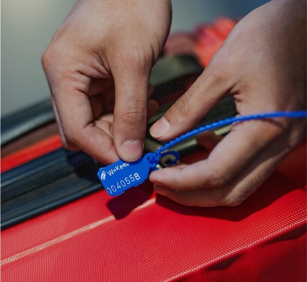Hands holding a blue object with a label. 1