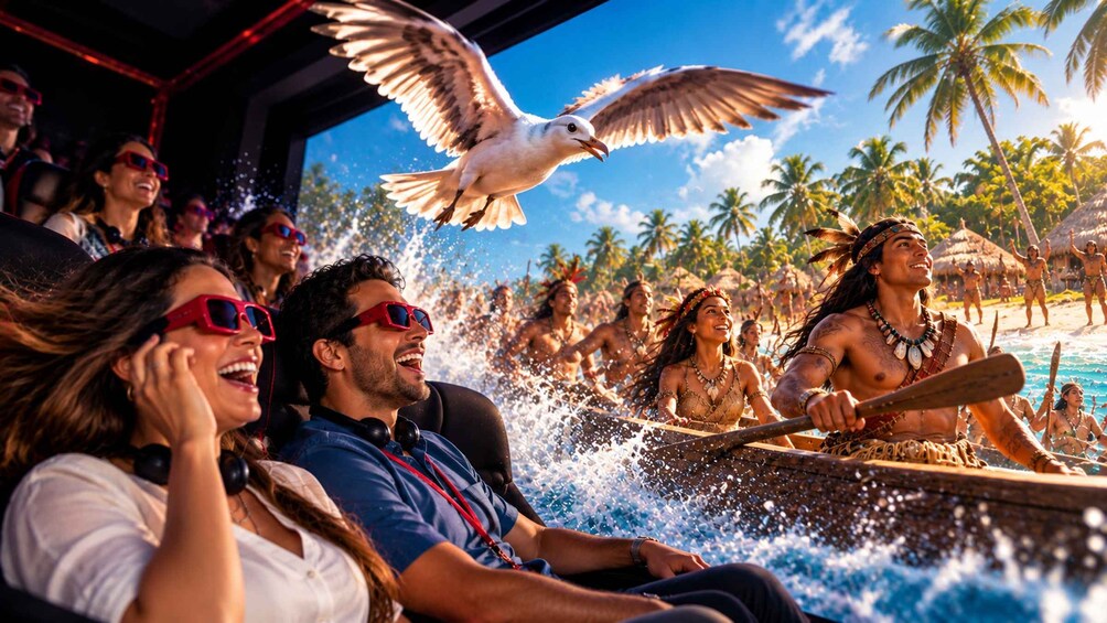 A group of people on a boat, tropical beach, palm trees, and a seagull. 1