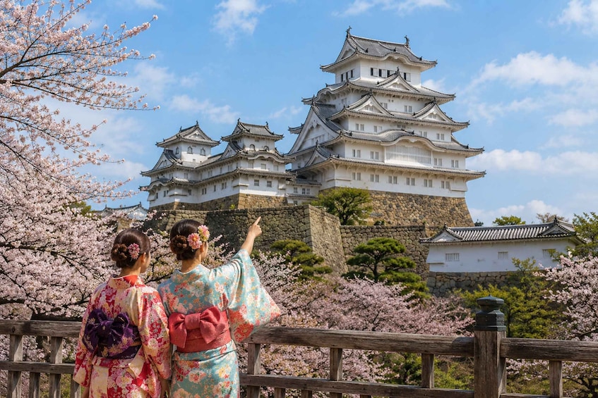 Two people in traditional Japanese attire, a castle, and cherry blossoms. 1