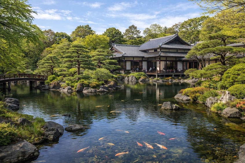 A traditional Japanese garden with a pond, koi fish, and a wooden building. 4