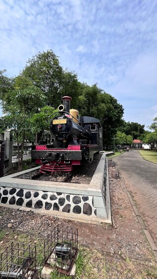 A stationary steam locomotive with the number 23101 on a track surrounded by greenery and a paved path. 5