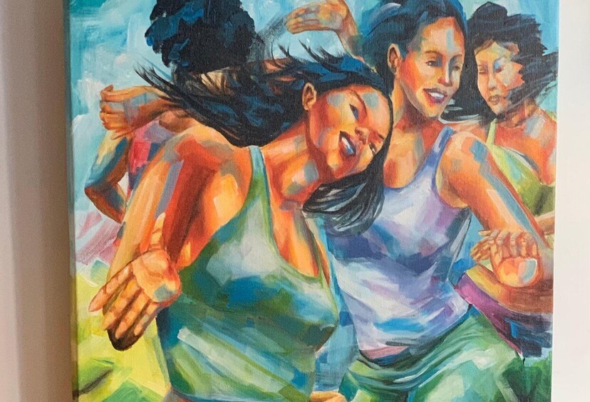 A painting of three people in motion, wearing colorful clothing. 1
