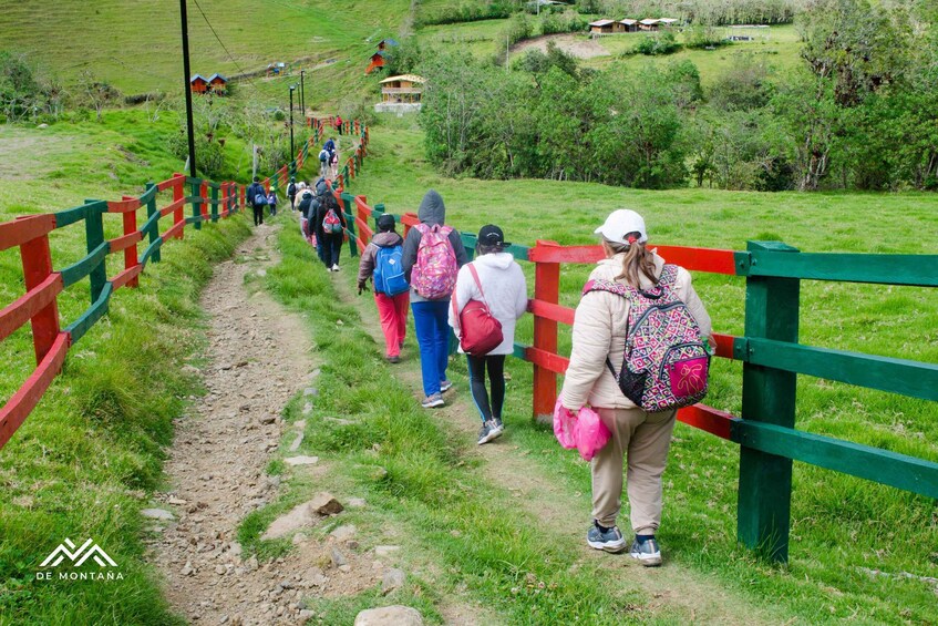 A group of hikers on a dirt path with red and green railings, surrounded by green fields and trees. 3