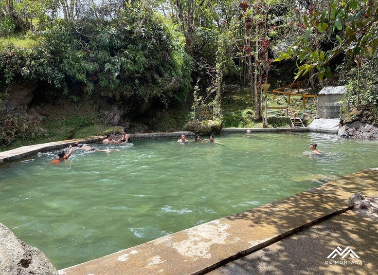 A natural hot spring with people swimming and relaxing in the water surrounded by lush greenery. 1