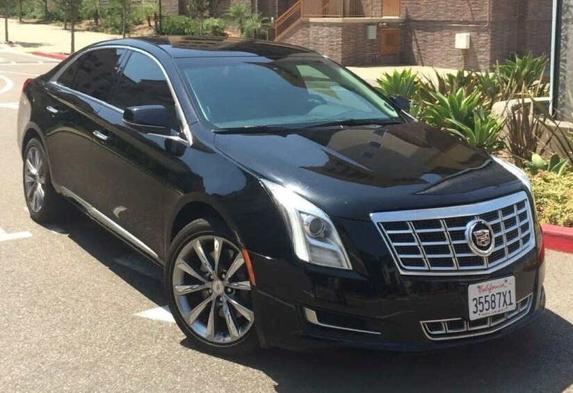A black Cadillac parked on a street with a brick building and plants in the background. 5