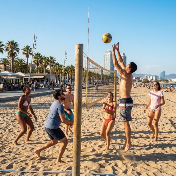 People playing beach volleyball on a sandy beach with palm trees and buildings in the background. 2