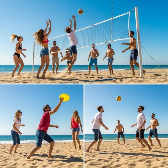 People playing beach volleyball and frisbee on a sandy beach with the ocean in the background. 1