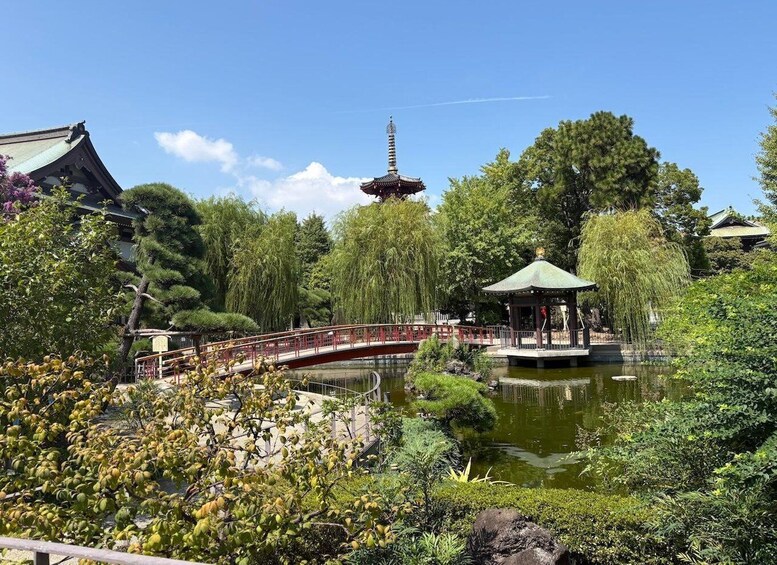 A traditional Japanese garden with a bridge, a pagoda, and a pavilion. 5