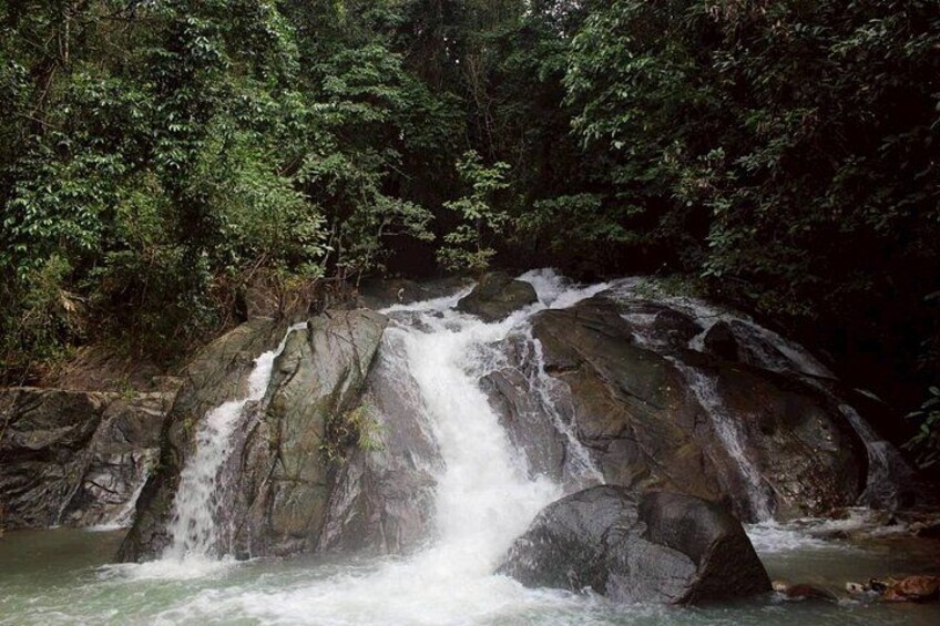 A waterfall cascading over rocks in a forested area. 3