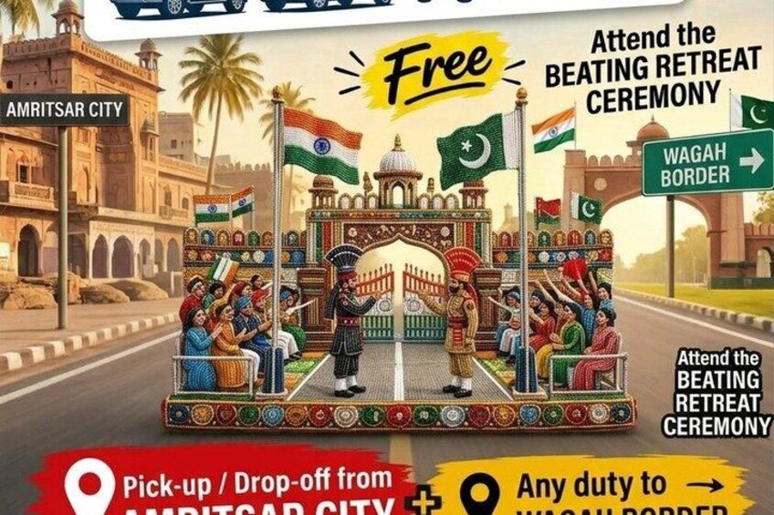 A colorful, traditional Indian wedding carriage with flags, a decorated archway, and a sign indicating a free retreat ceremony. 3