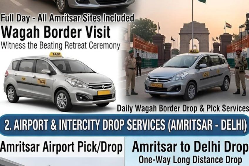 A car with a taxi sign, parked near a border gate with a flag, and a person in uniform. 2