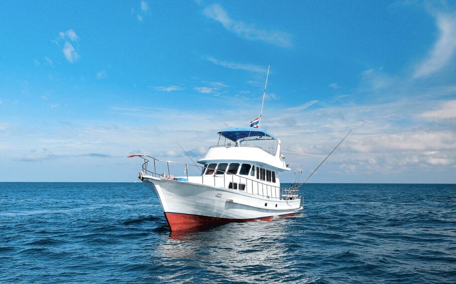 A white boat with a red hull and a blue canopy on the water. 5