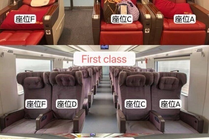 A train interior with first class seats labeled A, B, C, D, E, and F. 5
