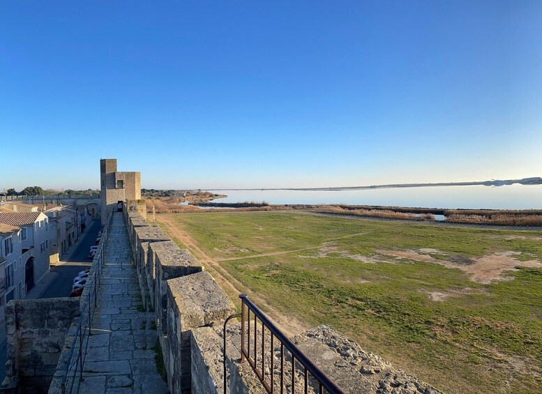 A stone bridge with a tower, overlooking a calm body of water and a grassy field. 4