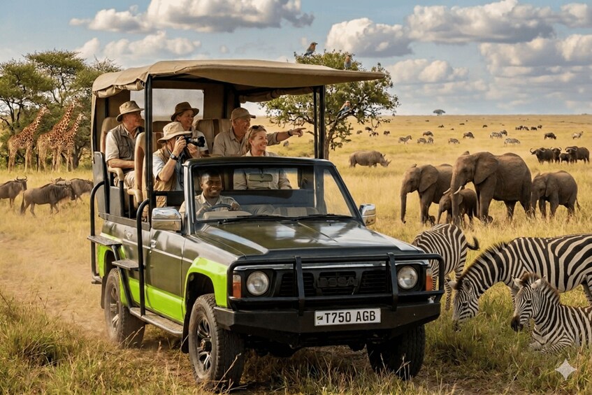 A safari vehicle with passengers, surrounded by wildlife including zebras and elephants in a grassy savannah. 2