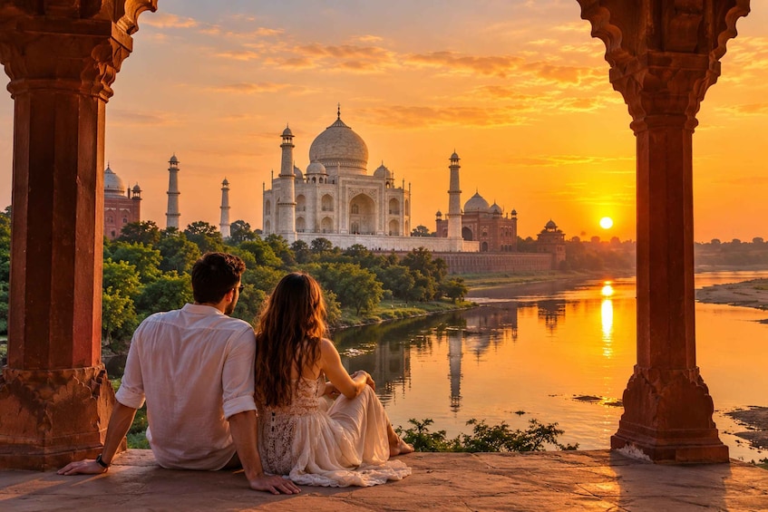 A couple sitting by a river with the Taj Mahal in the background during sunset. 1