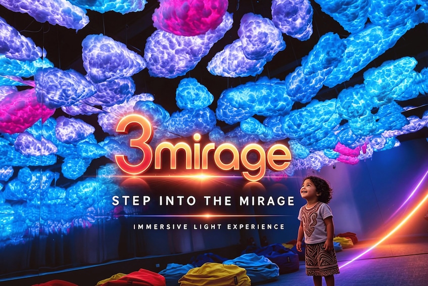 A child standing in a room with colorful, illuminated structures overhead and the text '3mirage' and 'Step into the Mirage Immersive Light Experience'. 3