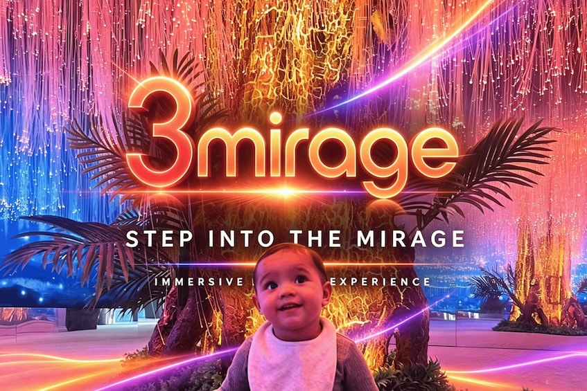 A child in a vibrant, illuminated setting with the text '3mirage' and 'STEP INTO THE MIRAGE.' 4