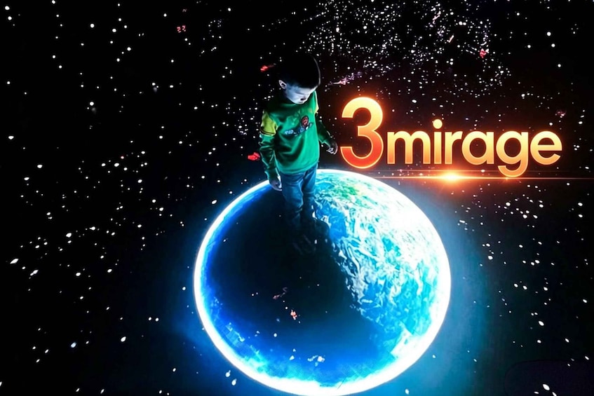 A child standing on a glowing planet with the text '3mirage' in the background. 5