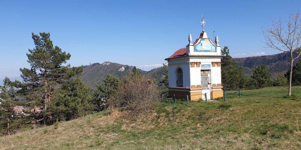 A small white church with a red roof and a cross on top, surrounded by trees and hills. 3