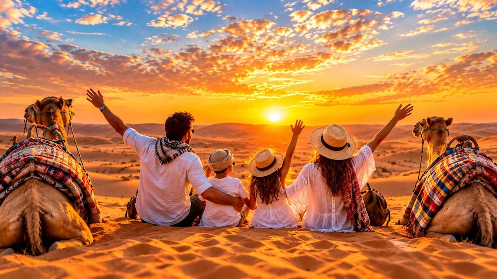 Una famiglia di quattro persone seduta su una duna di sabbia, con dei cammelli, di fronte a un tramonto. 1