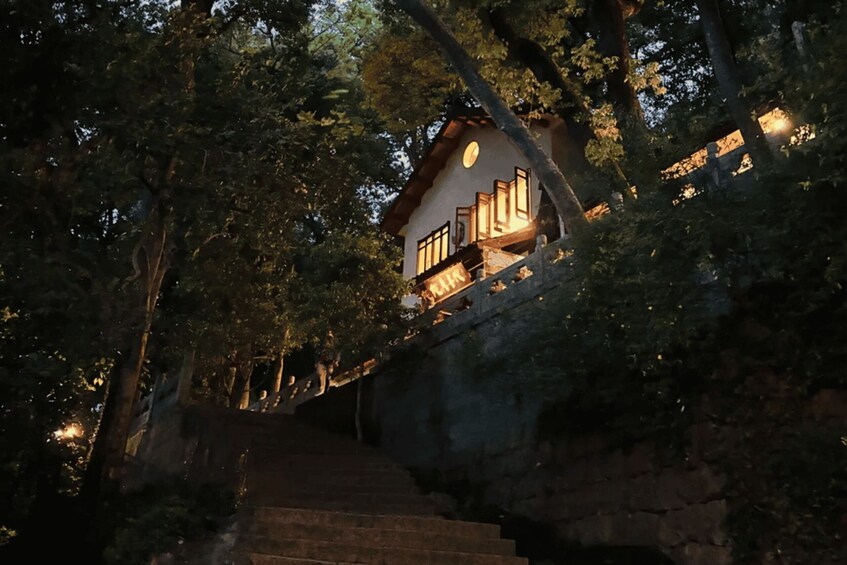 A house with a balcony, surrounded by trees and a stone staircase. 3